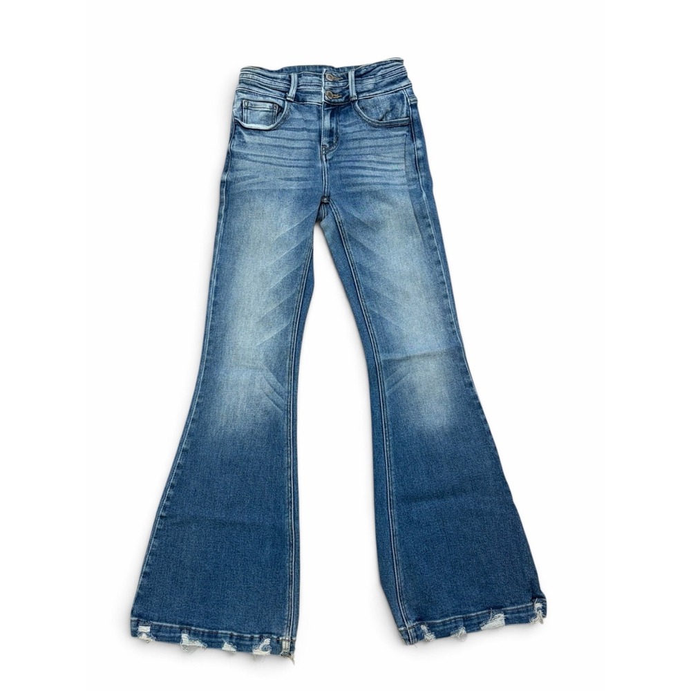Kancan Signature High Rise Flare Jeans Size 24 Dark Wash Distressed Hem
